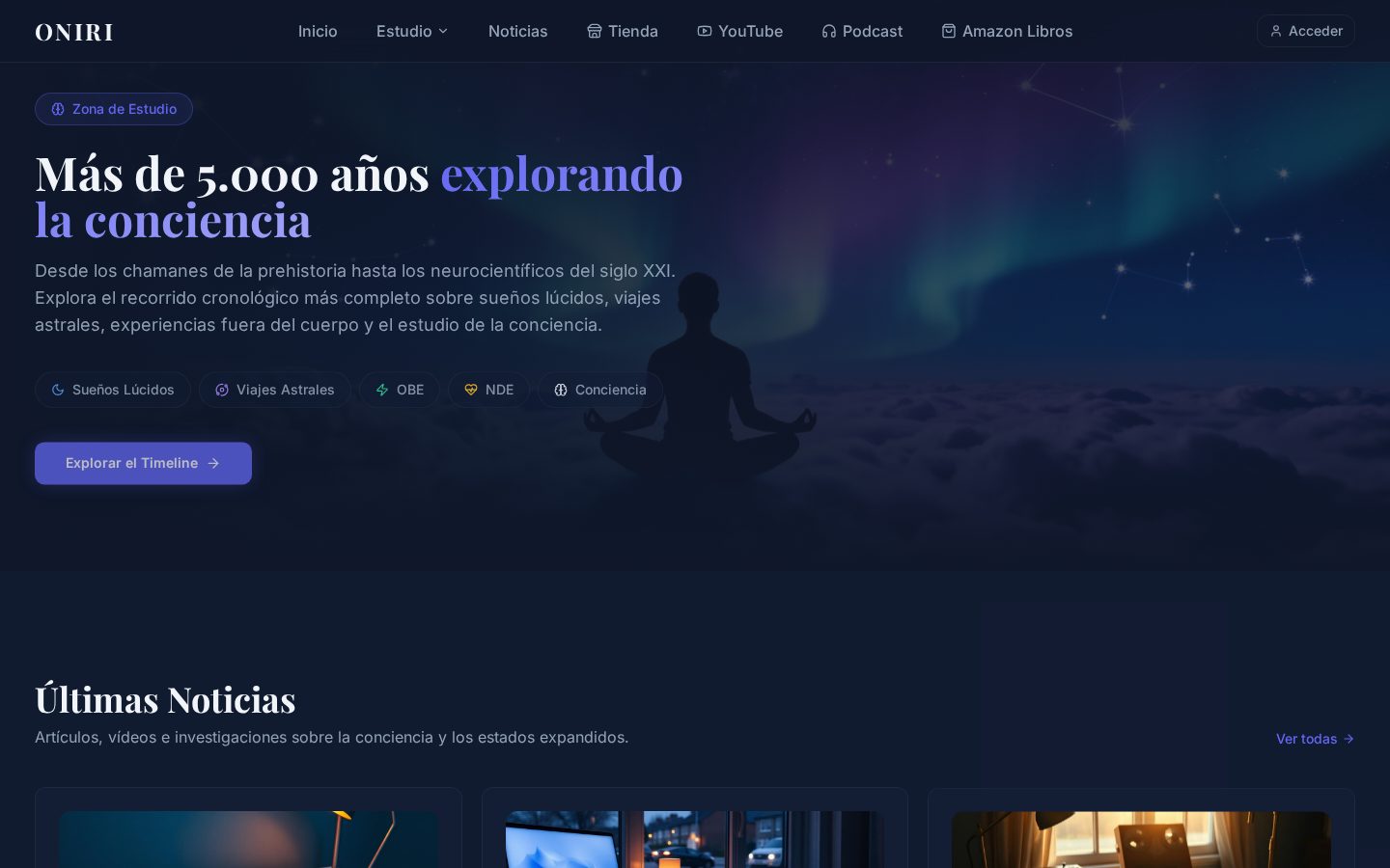 Sección de funcionalidades de Oniri